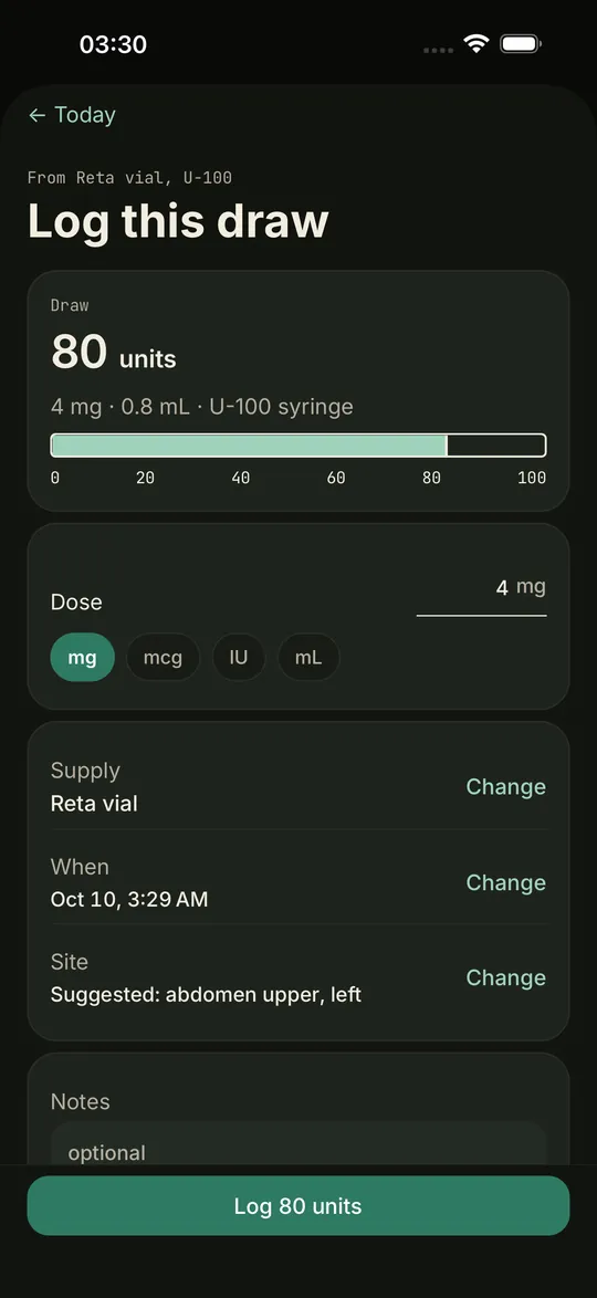 Log this draw: 80 units on a U-100 syringe, with the dose in mg and a unit scale