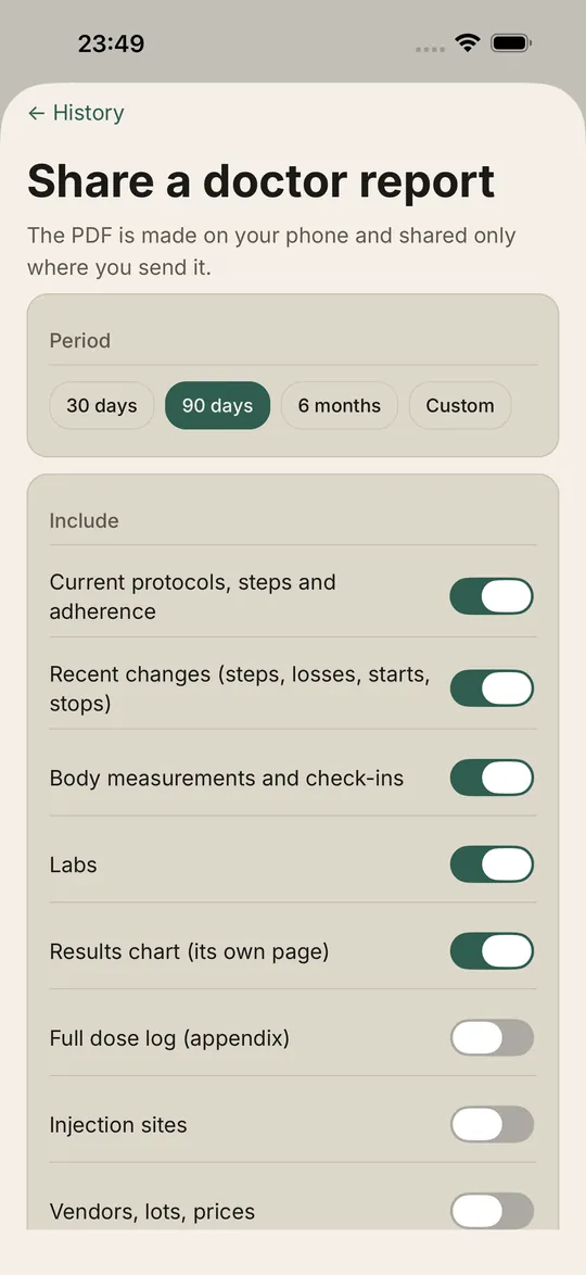 Share a doctor report screen with period choices and switches for what to include