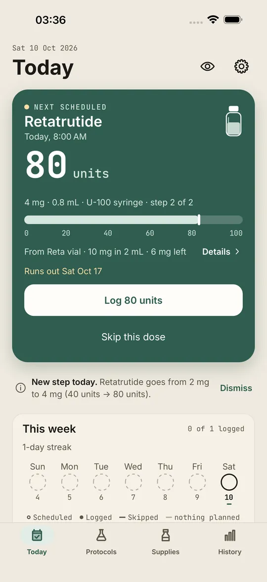 Vialist Today screen: next scheduled dose of 80 units on a U-100 syringe, with the runs-out date